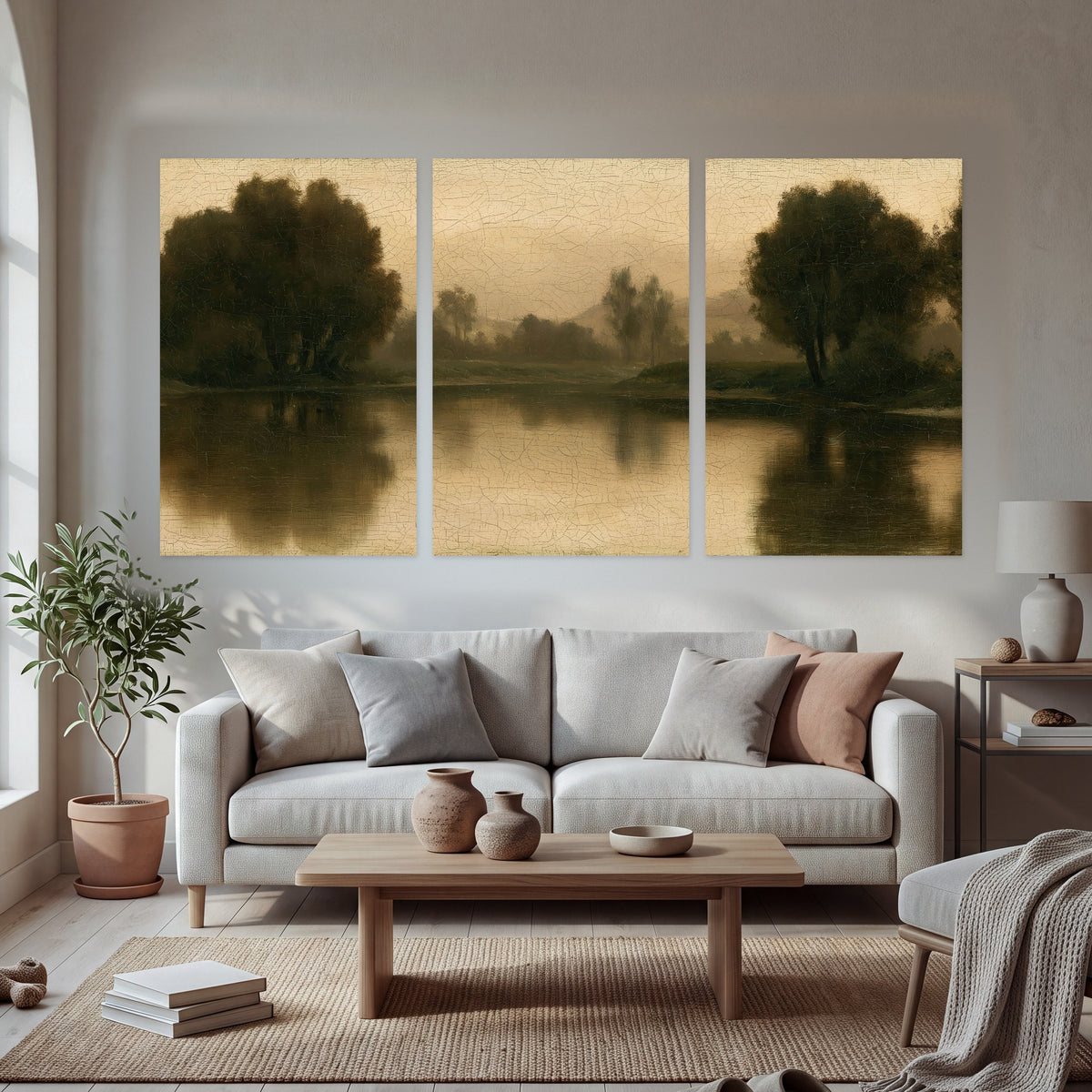 Antique sepia river painting set of 3 poster prints in a bright living room