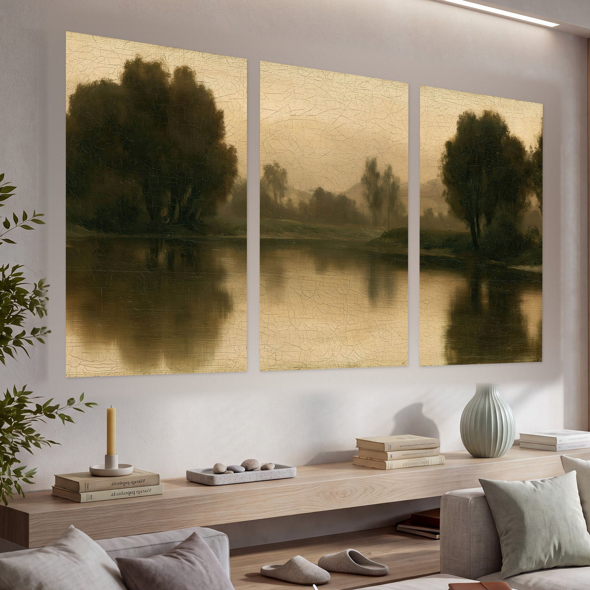 Antique sepia river painting set of 3 poster prints in a living room above a console