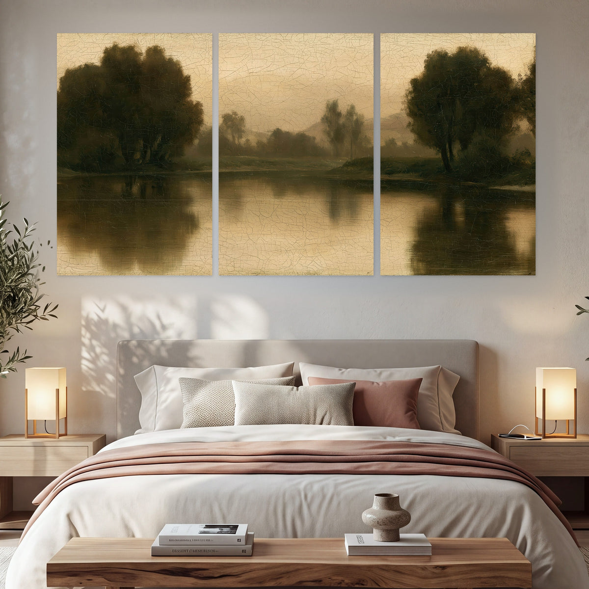 Antique sepia river painting set of 3 poster prints in a bedroom above the bed