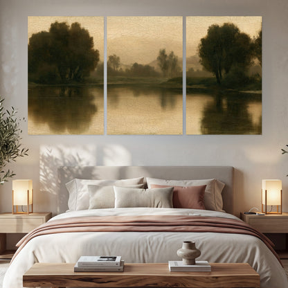 Antique sepia river painting set of 3 poster prints in a bedroom above the bed