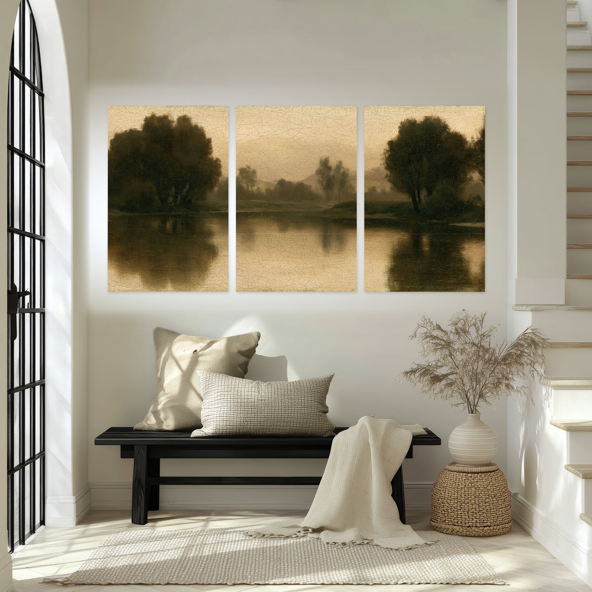 Antique sepia river painting set of 3 poster prints in an entryway above a bench