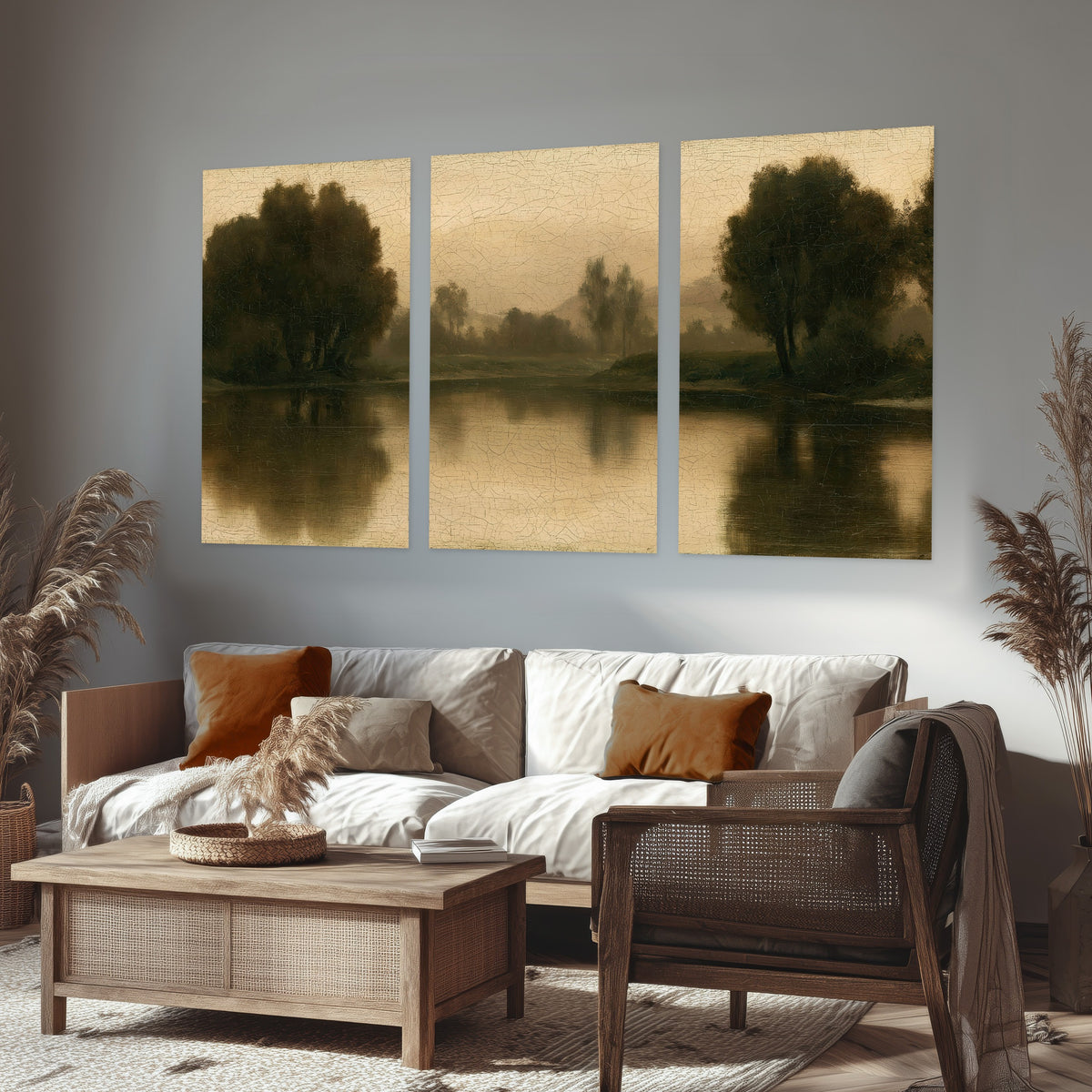 Antique sepia river painting set of 3 poster prints in a rustic living room