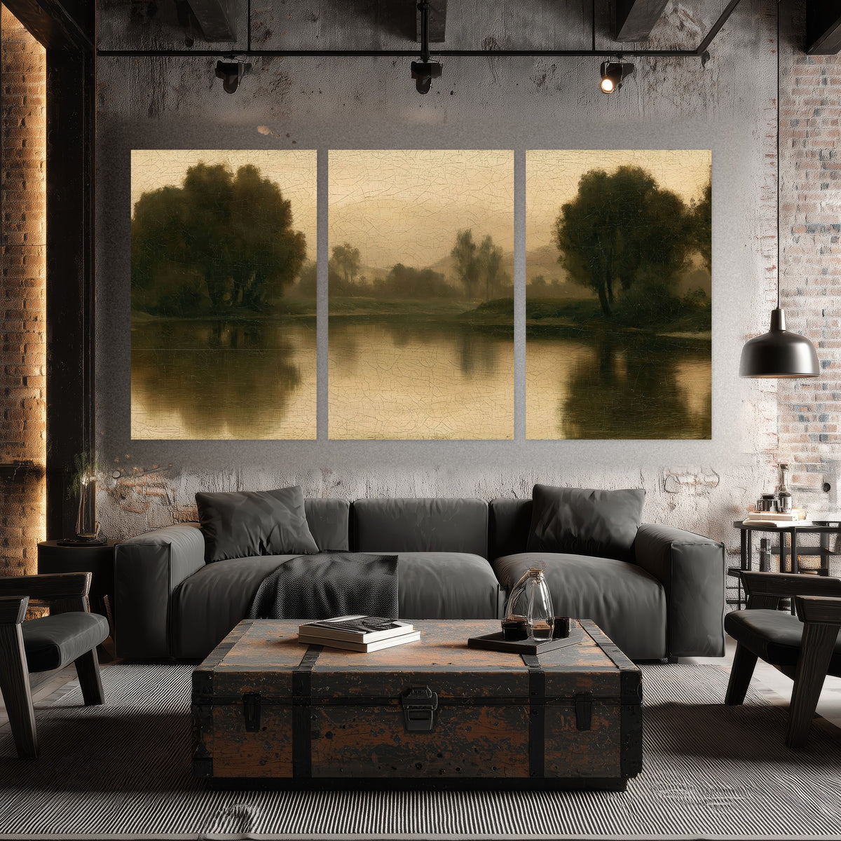 Antique sepia river painting set of 3 poster prints in an industrial loft