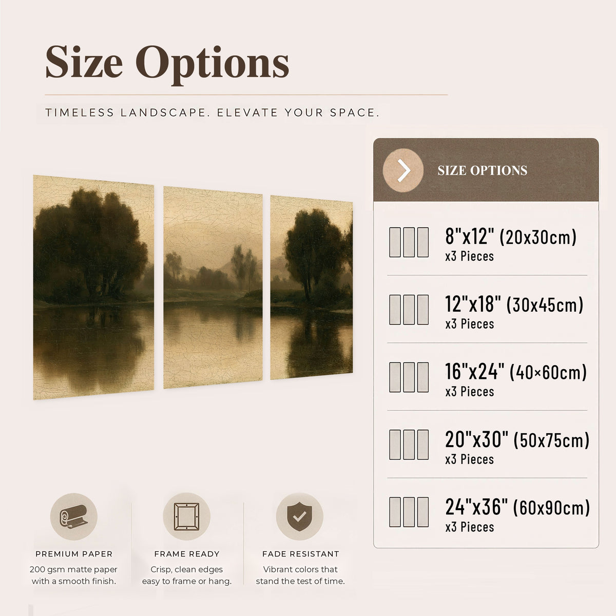 Antique sepia river painting set of 3 poster prints size options