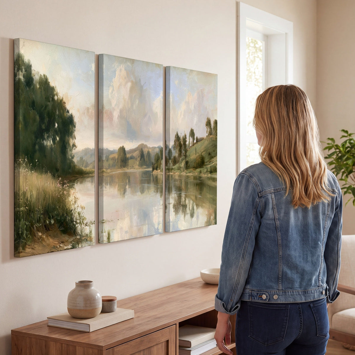Summer river countryside painting 3 piece canvas wall art in a living room