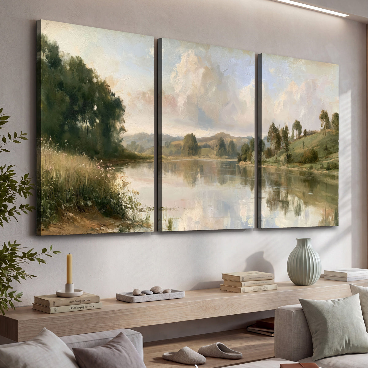 Summer river countryside painting 3 piece canvas wall art in a living room above a console