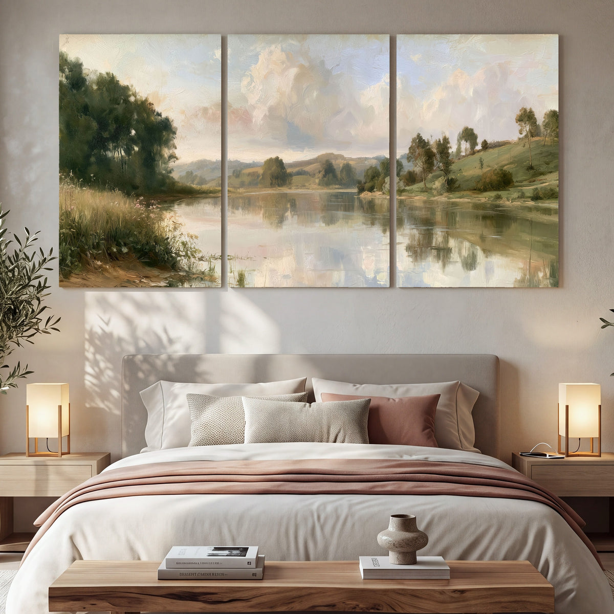 Summer river countryside painting 3 piece canvas wall art in a bedroom above the bed