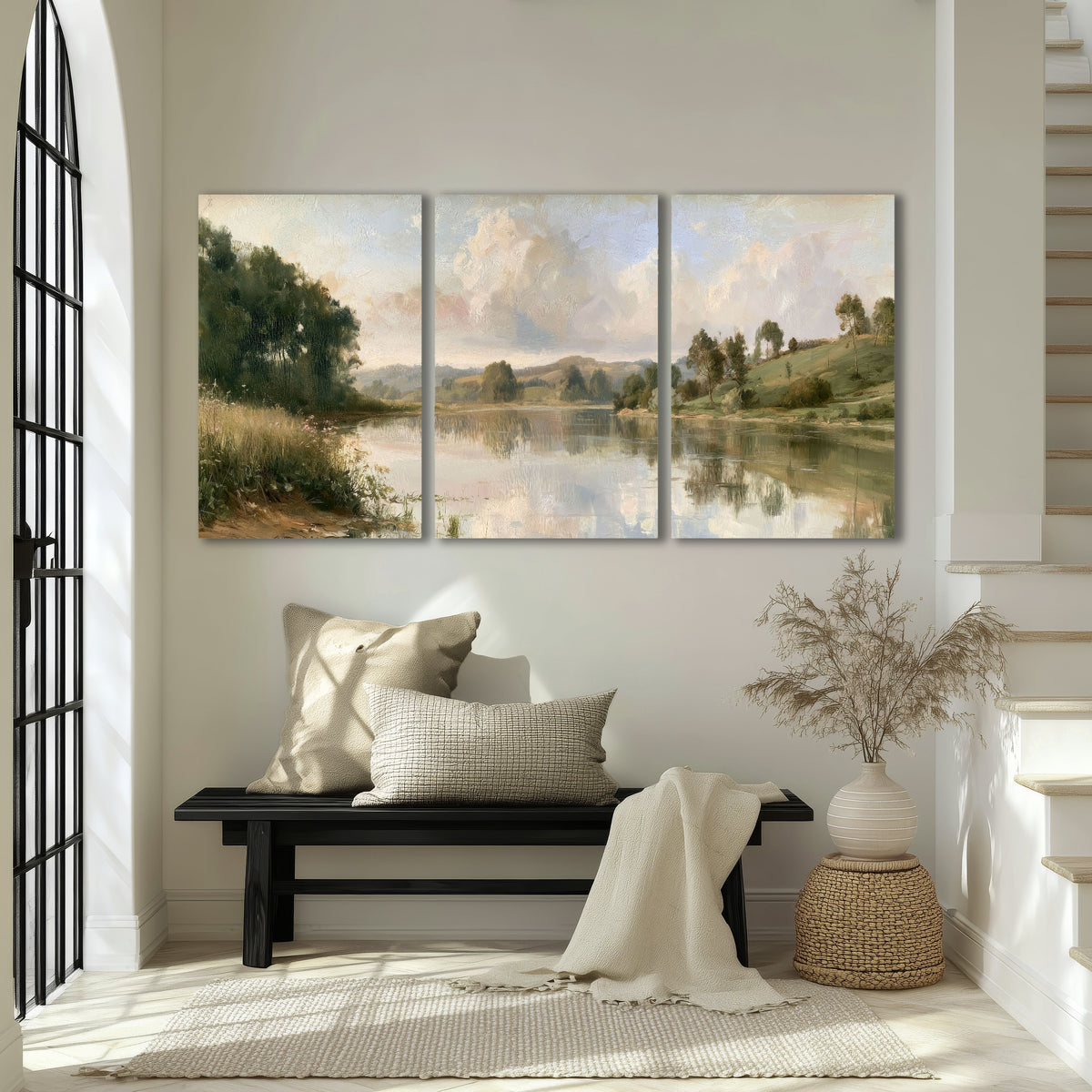 Summer river countryside painting 3 piece canvas wall art in an entryway above a bench