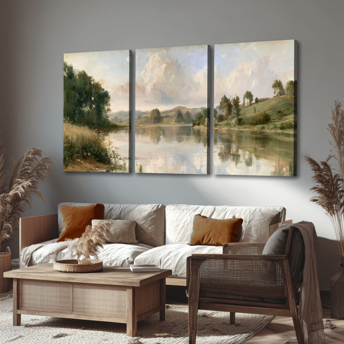 Summer river countryside painting 3 piece canvas wall art in a rustic living room
