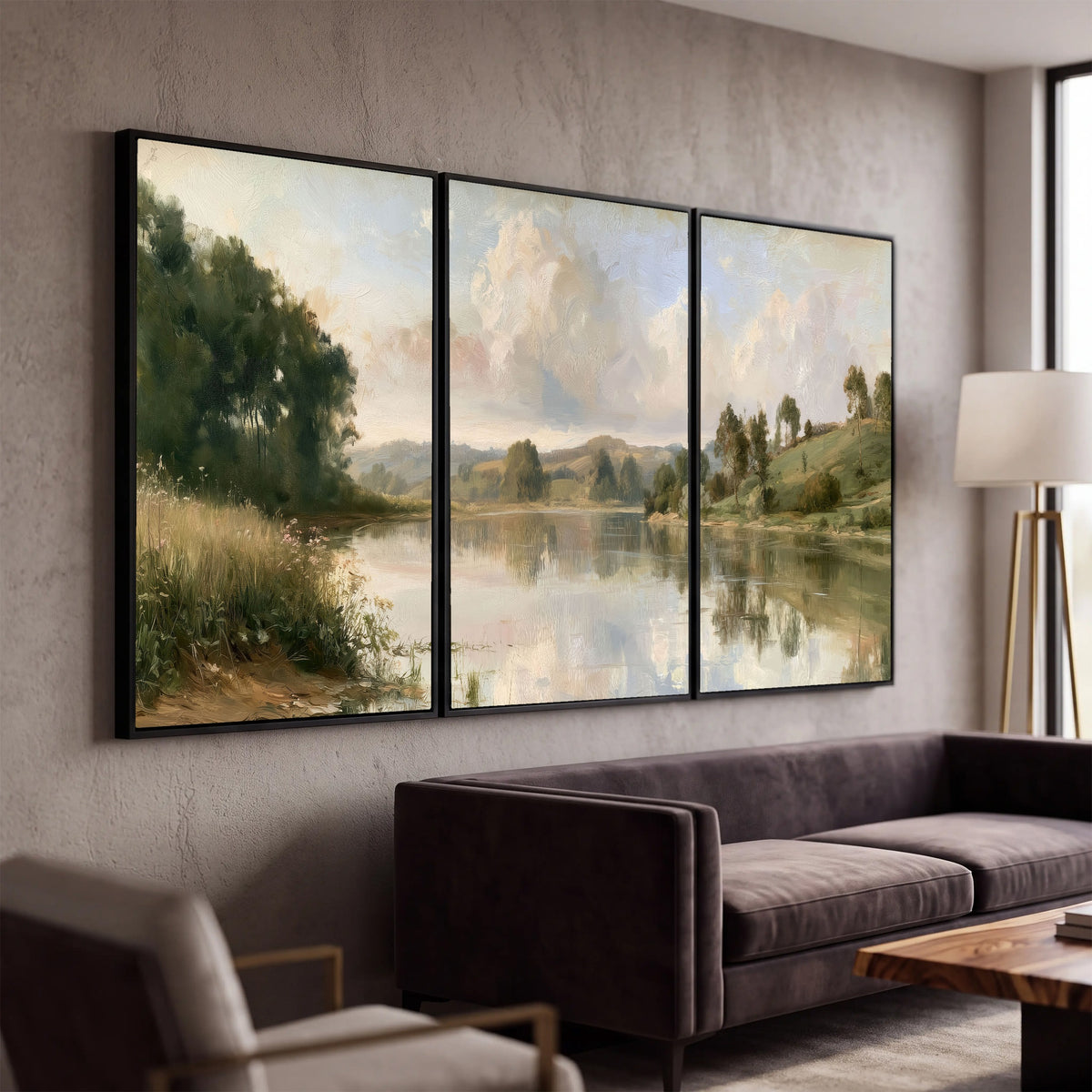 Summer river countryside painting 3 piece canvas wall art in a modern living room