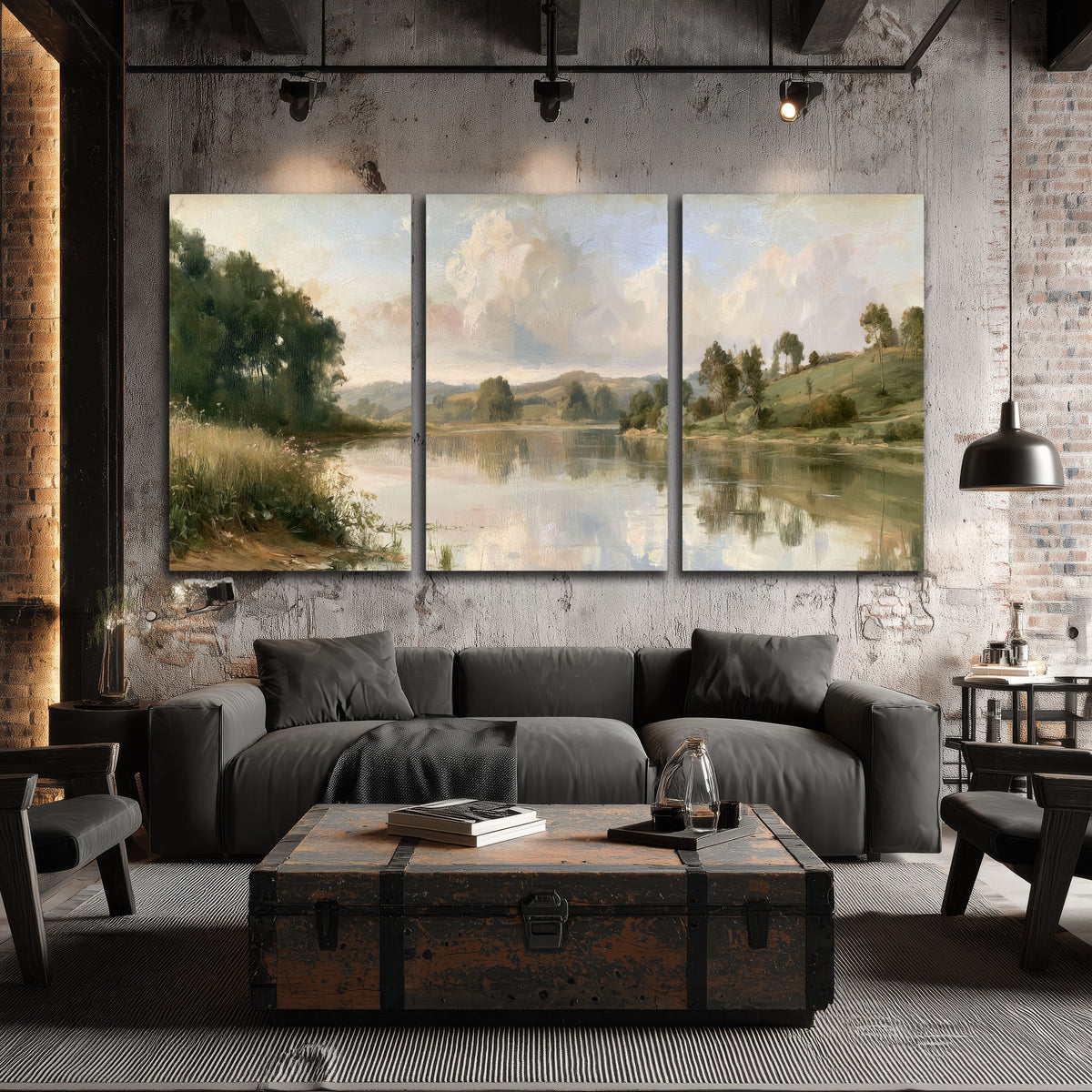 Summer river countryside painting 3 piece canvas wall art in an industrial loft