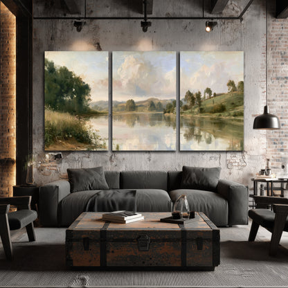 Summer river countryside painting 3 piece canvas wall art in an industrial loft
