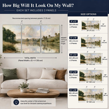 Summer river countryside painting 3 piece canvas wall art size guide above a sofa