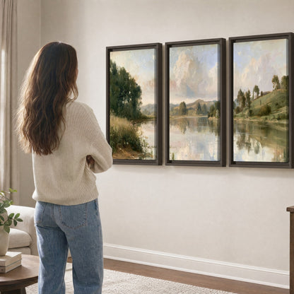Summer river countryside painting 3 piece framed canvas in a living room