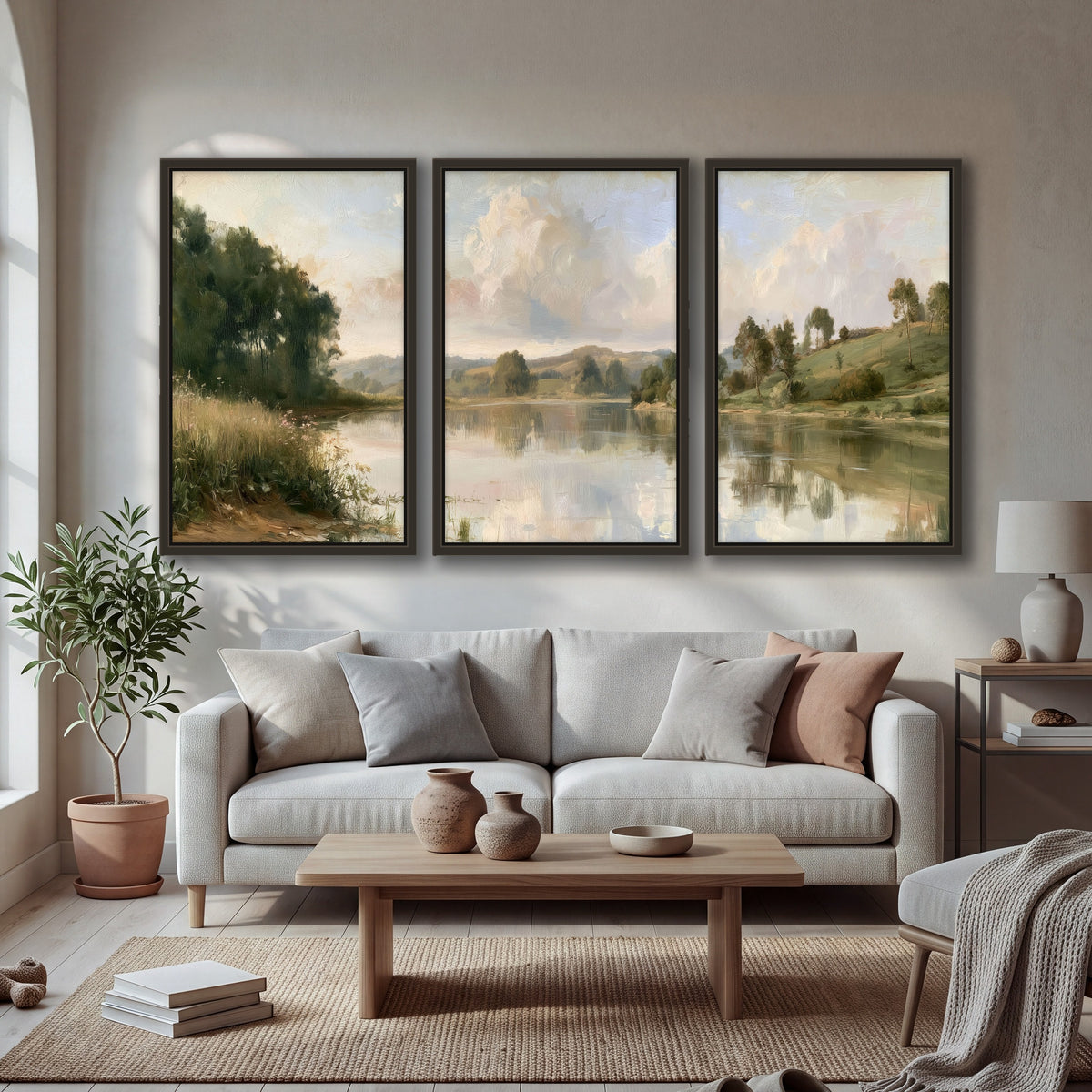 Summer river countryside painting 3 piece framed canvas in a bright living room