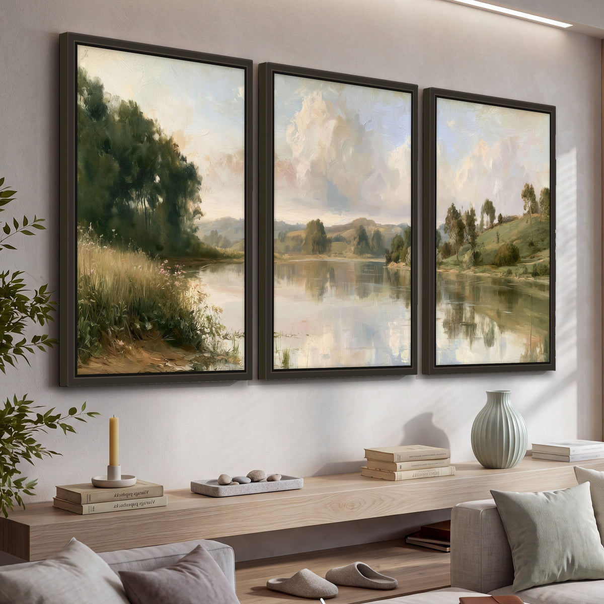 Summer river countryside painting 3 piece framed canvas in a living room above a console