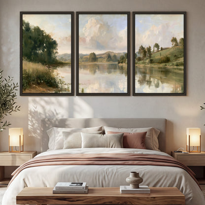 Summer river countryside painting 3 piece framed canvas in a bedroom above the bed