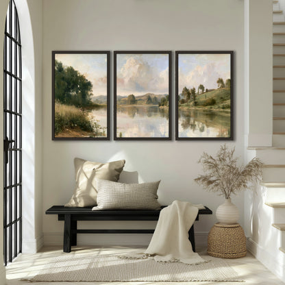 Summer river countryside painting 3 piece framed canvas in an entryway above a bench