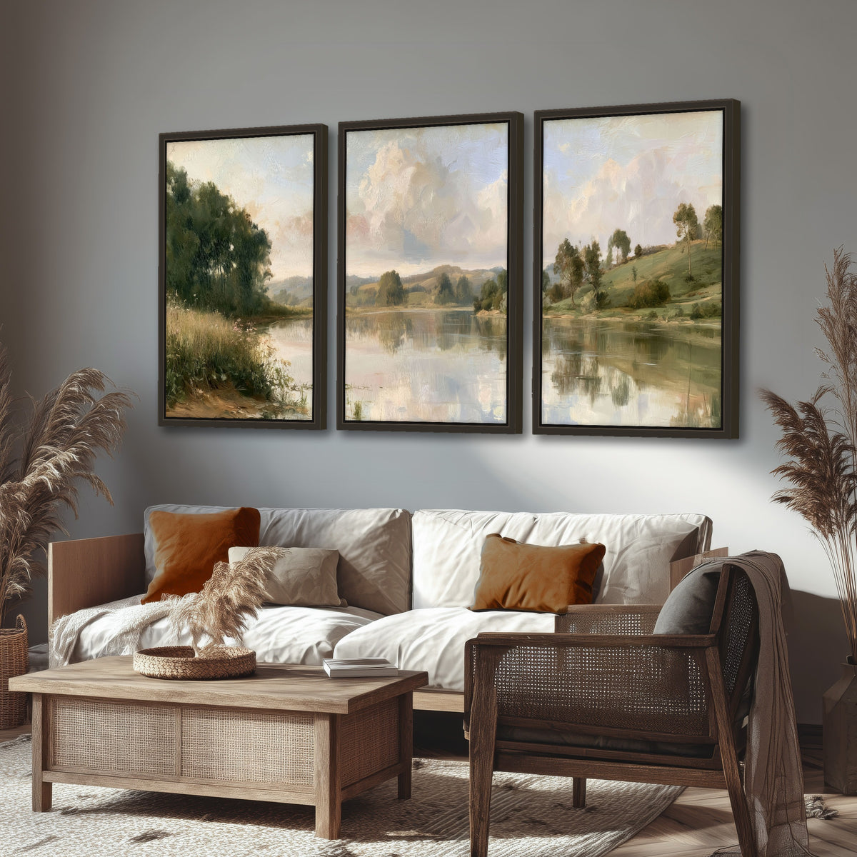 Summer river countryside painting 3 piece framed canvas in a rustic living room
