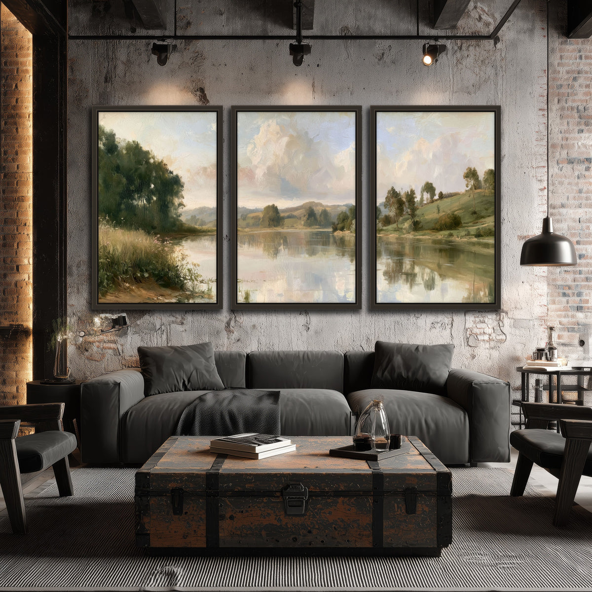 Summer river countryside painting 3 piece framed canvas in an industrial loft