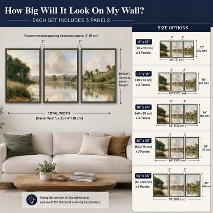 Summer river countryside painting 3 piece framed canvas size guide above a sofa