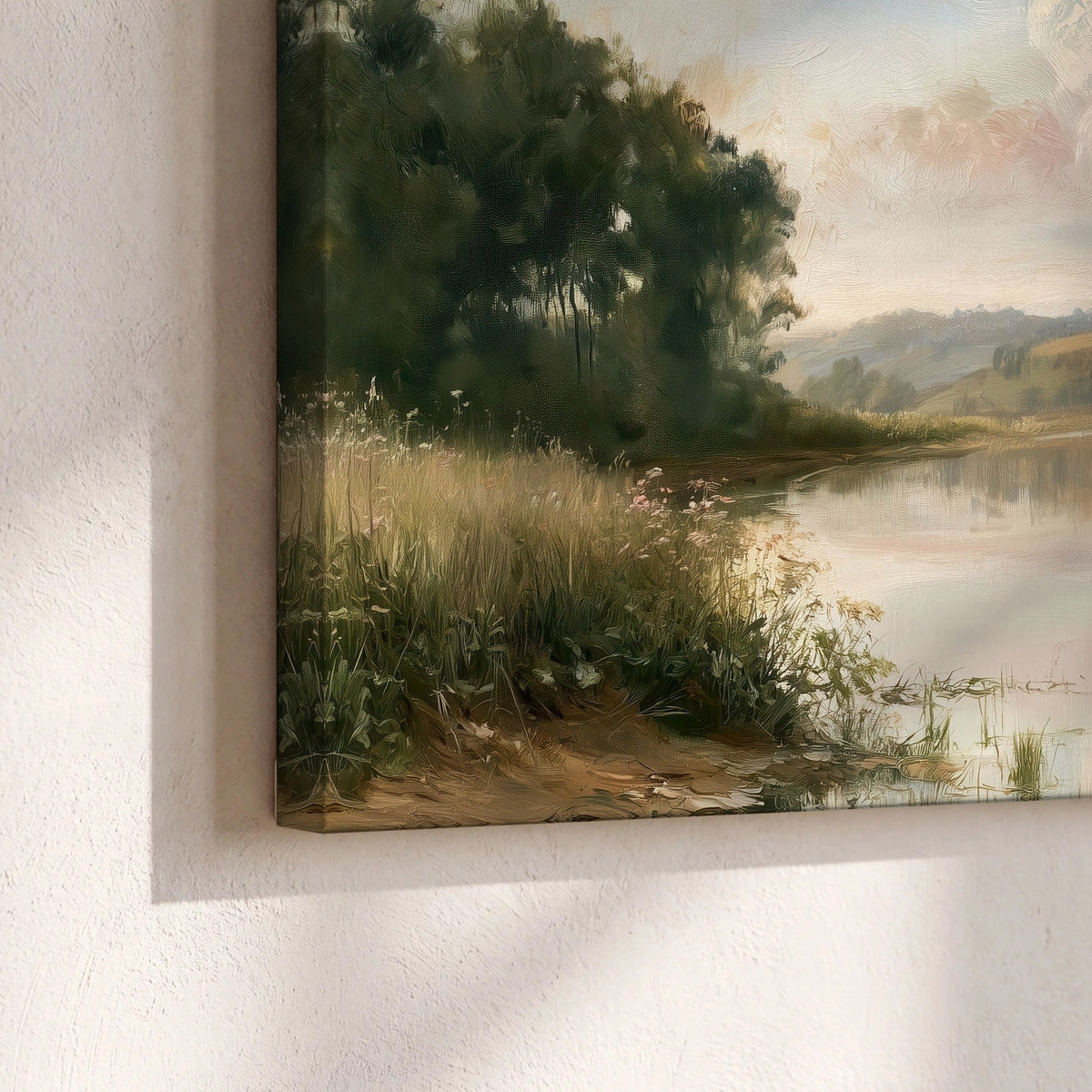 Summer river countryside painting canvas print close-up showing the gallery-wrapped edge