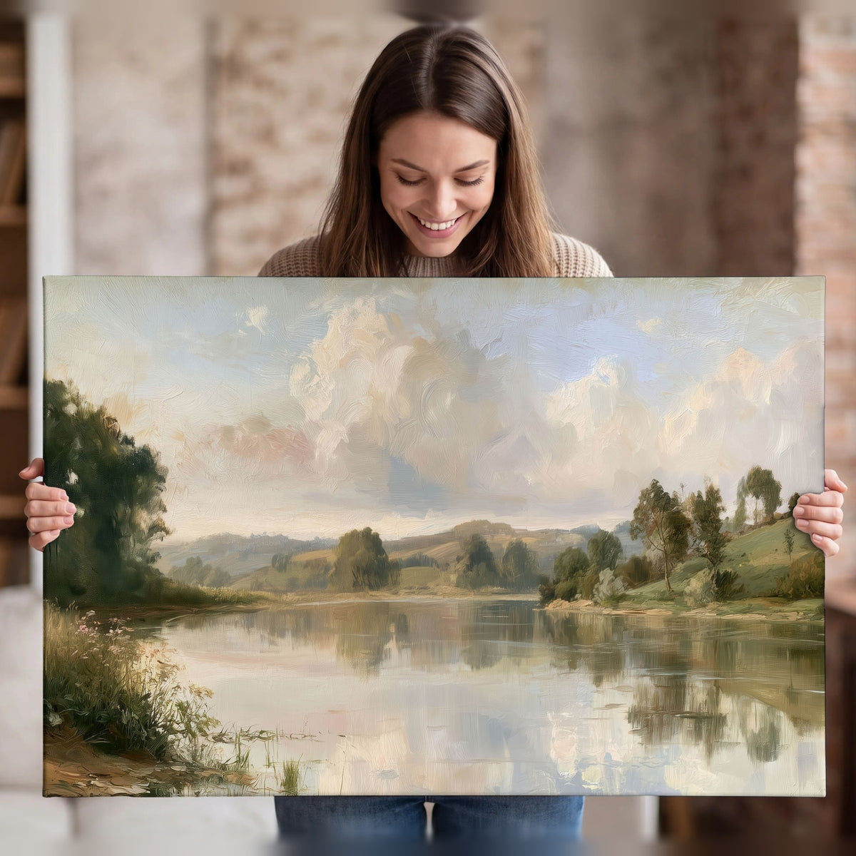 Summer river countryside painting canvas wall art held in hands