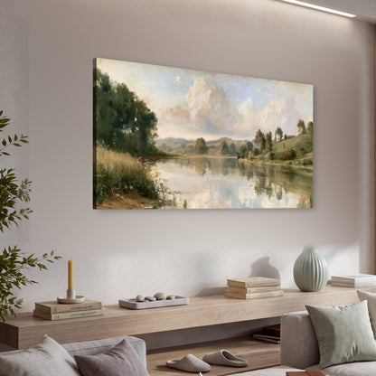 Summer river countryside painting canvas wall art in a living room above a console