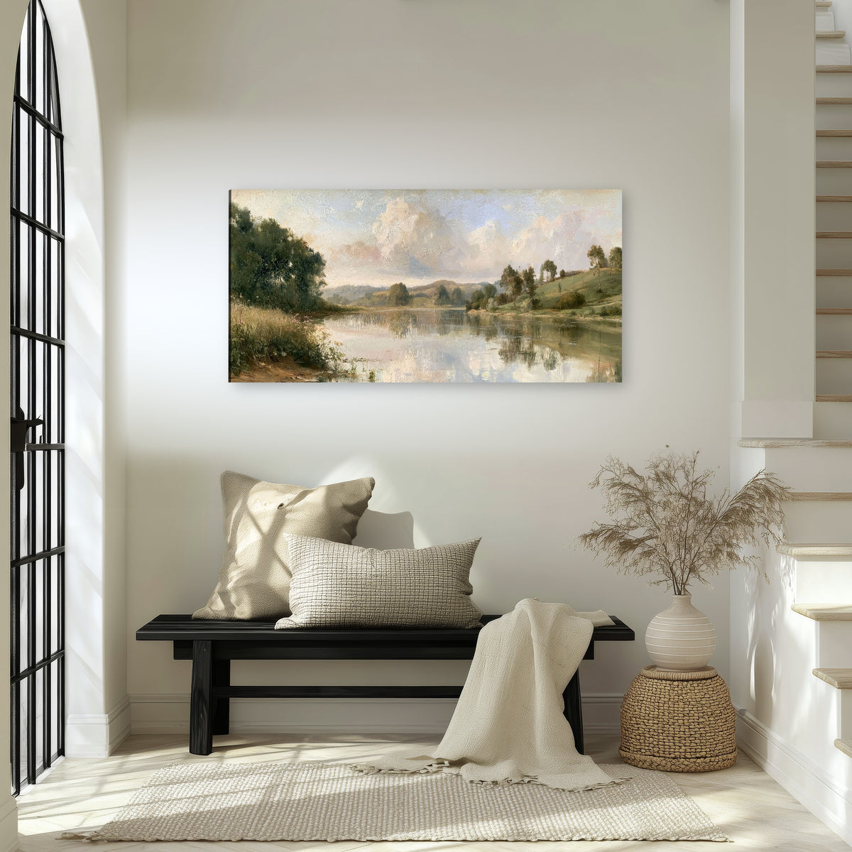 Summer river countryside painting canvas wall art in an entryway above a bench