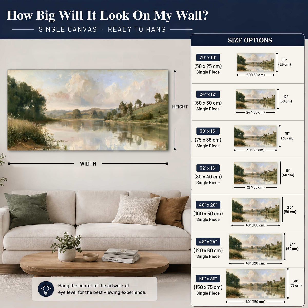 Summer river countryside painting canvas wall art size guide above a sofa