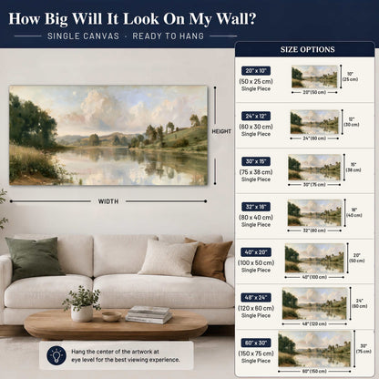 Summer river countryside painting canvas wall art size guide above a sofa