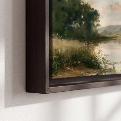 Summer river countryside painting framed canvas close-up showing the floating frame