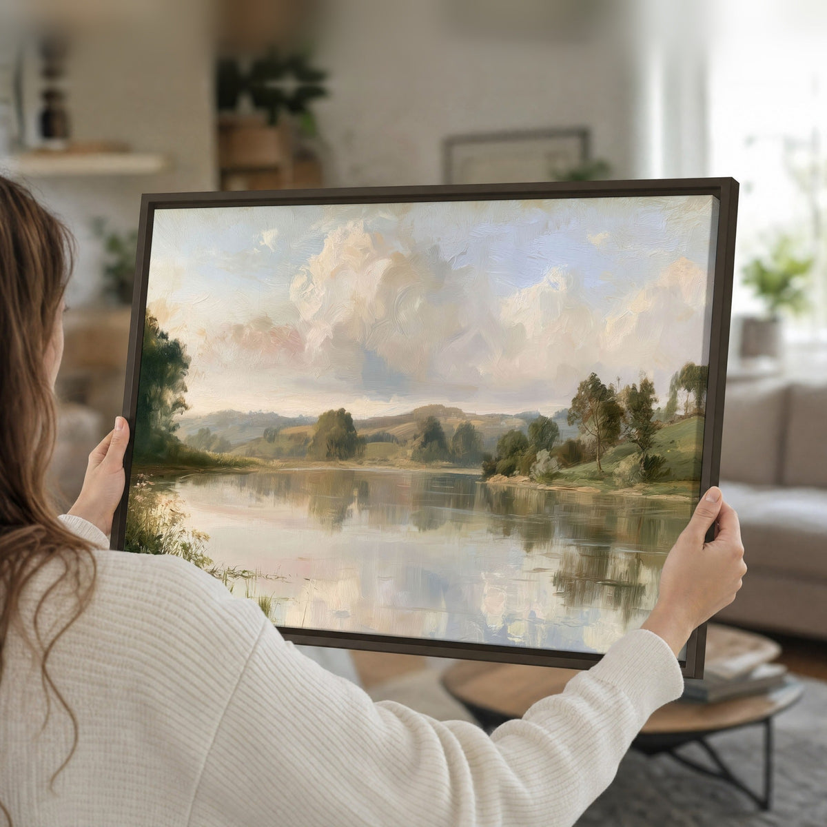Summer river countryside painting framed canvas held in hands