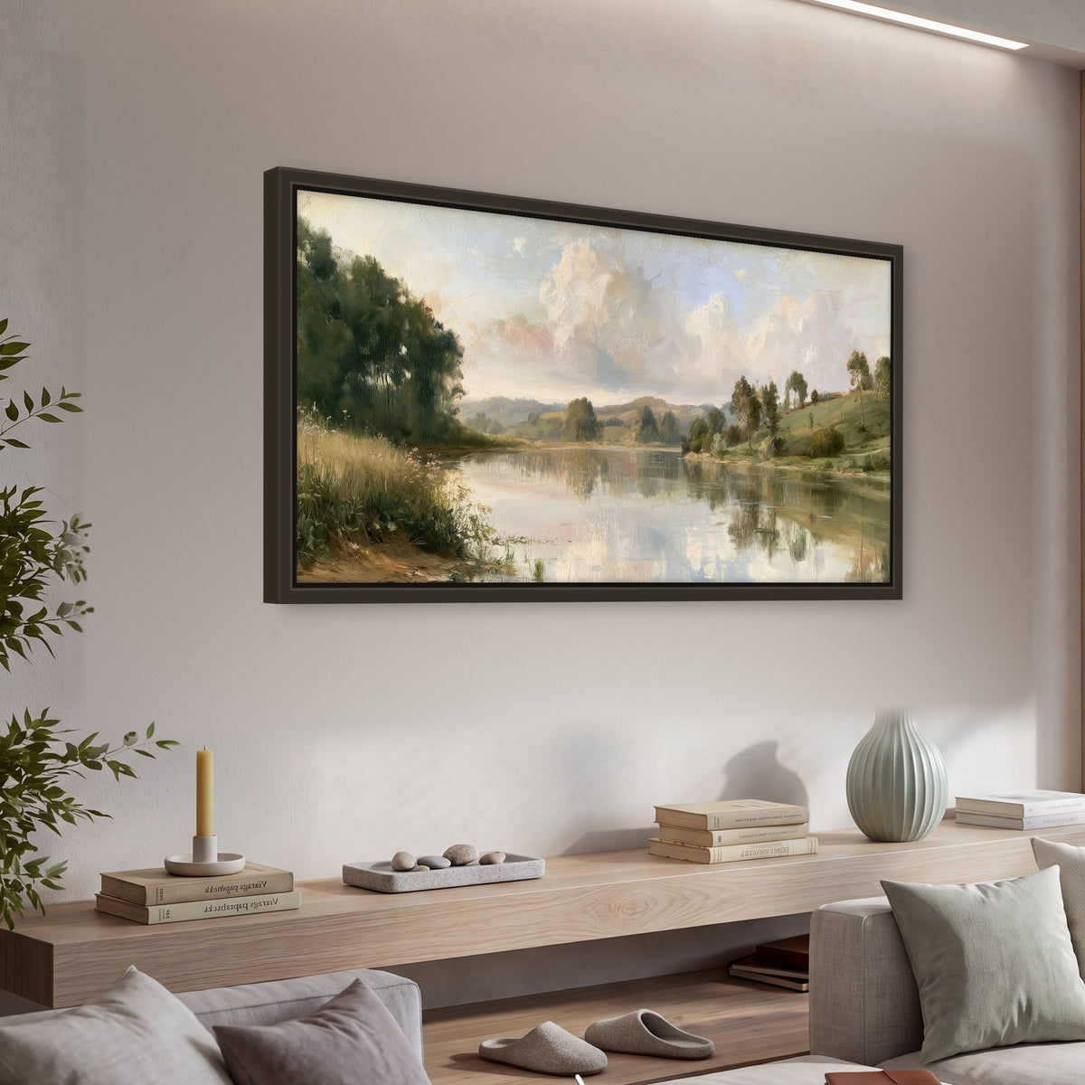 Summer river countryside painting framed canvas wall art in a living room above a console