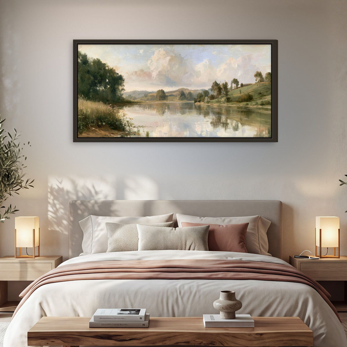 Summer river countryside painting framed canvas wall art in a bedroom above the bed