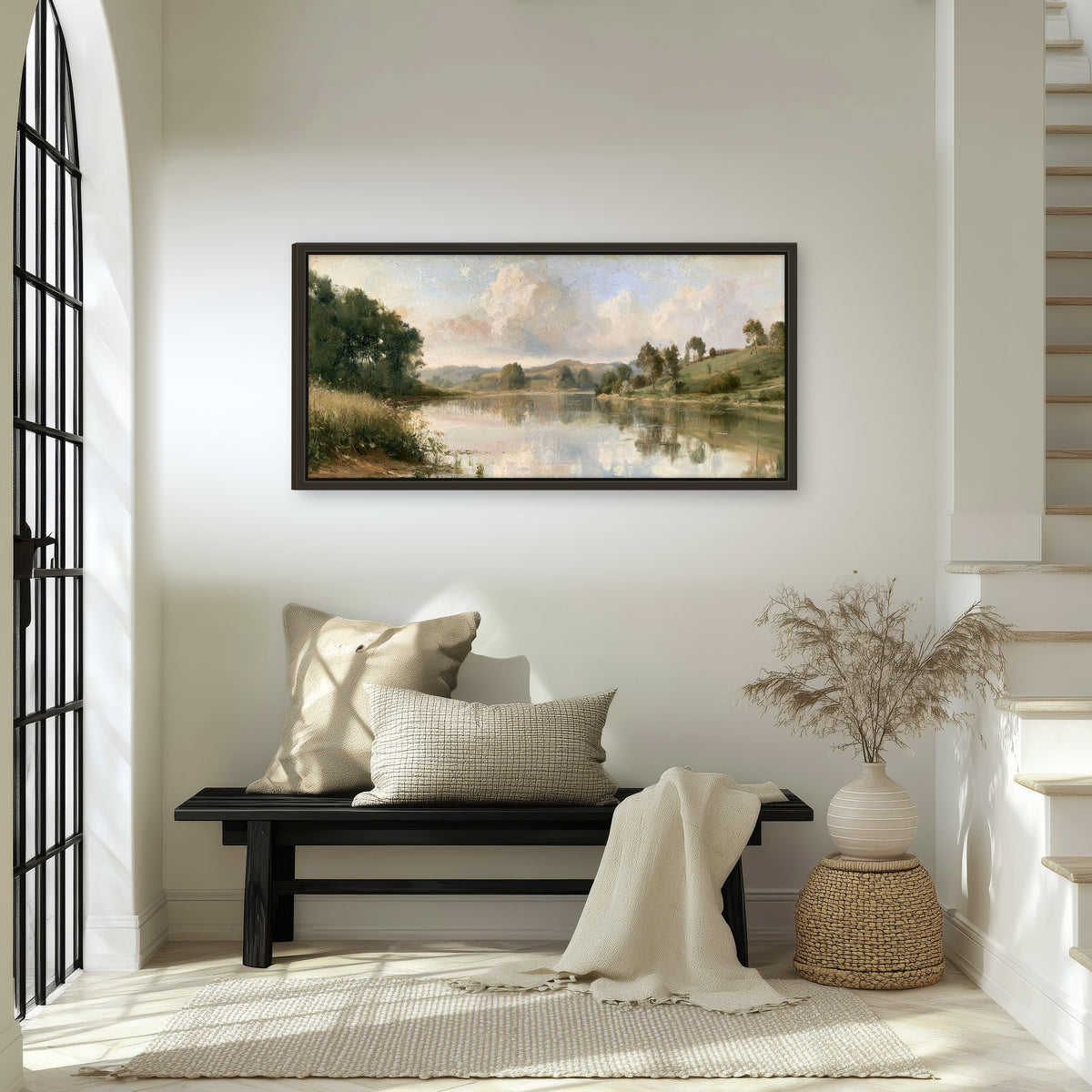 Summer river countryside painting framed canvas wall art in an entryway above a bench