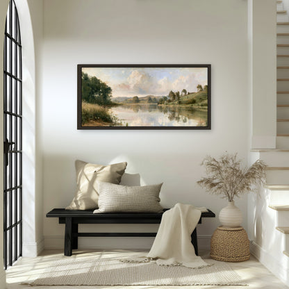 Summer river countryside painting framed canvas wall art in an entryway above a bench