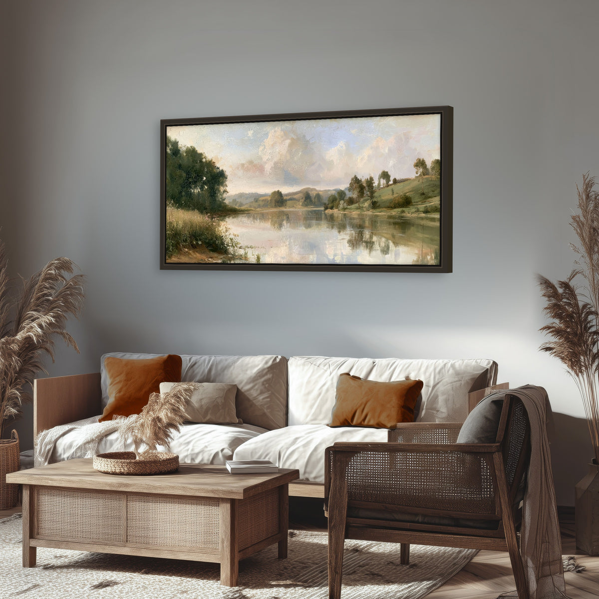 Summer river countryside painting framed canvas wall art in a rustic living room