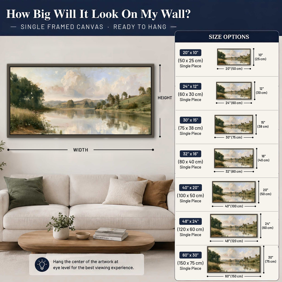 Summer river countryside painting framed canvas wall art size guide above a sofa