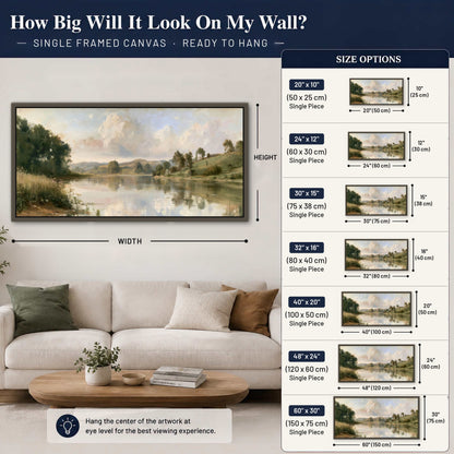 Summer river countryside painting framed canvas wall art size guide above a sofa