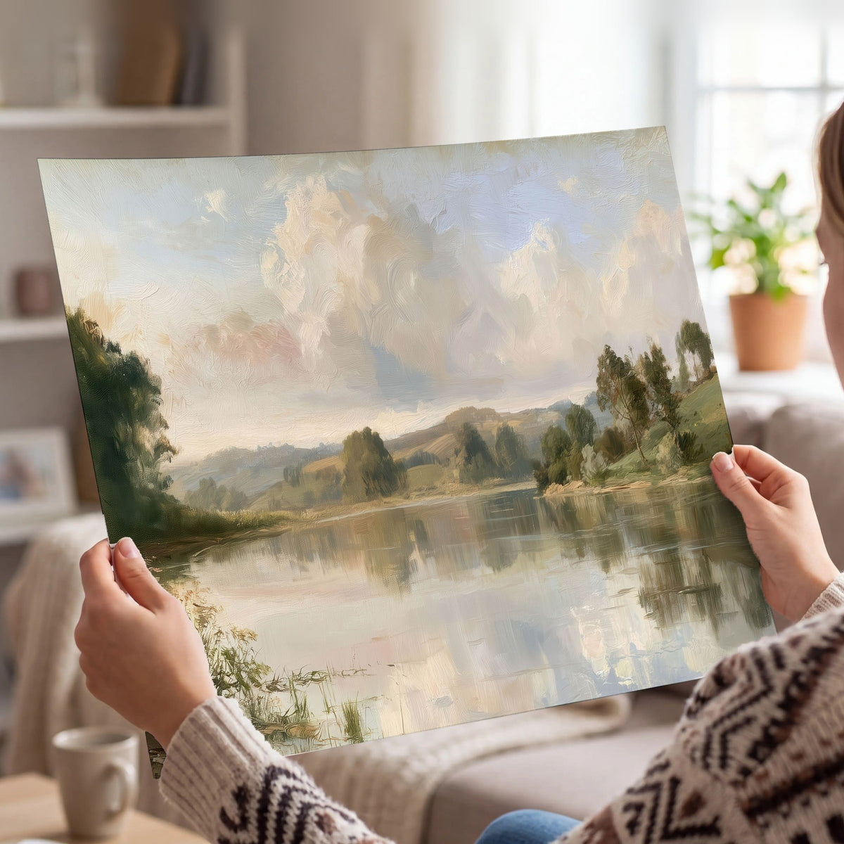 Summer river countryside painting poster print held in hands