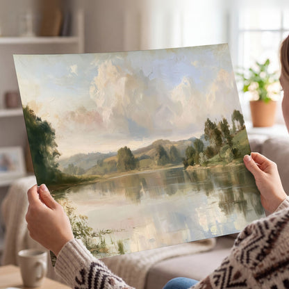 Summer river countryside painting poster print held in hands