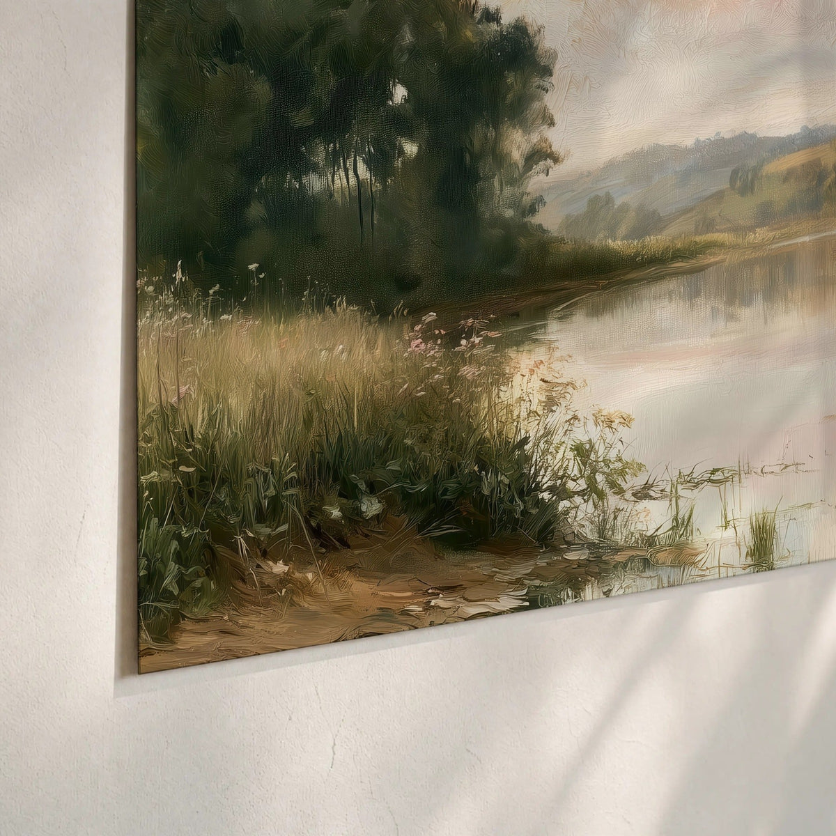Summer river countryside painting poster print close-up on matte paper