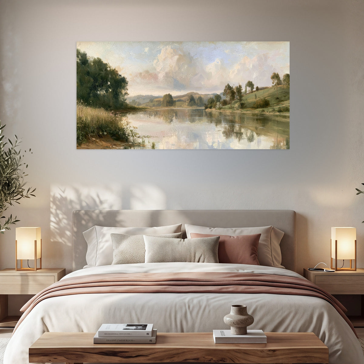 Summer river countryside painting poster print in a bedroom above the bed