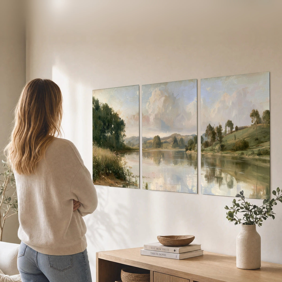 Summer river countryside painting set of 3 poster prints in a living room