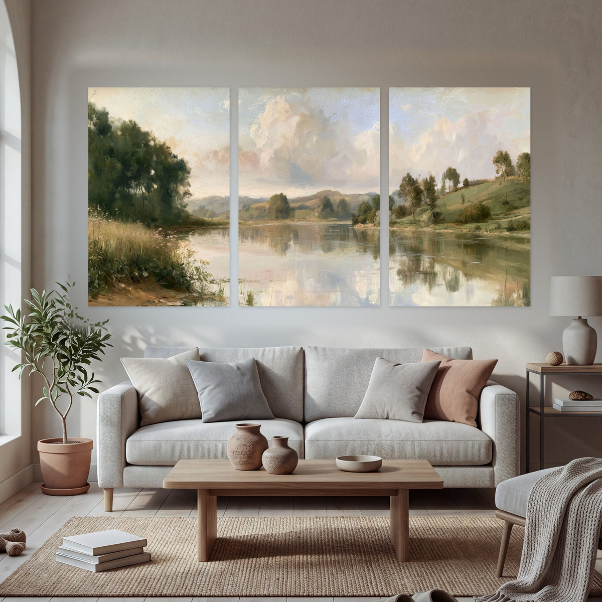 Summer river countryside painting set of 3 poster prints in a bright living room
