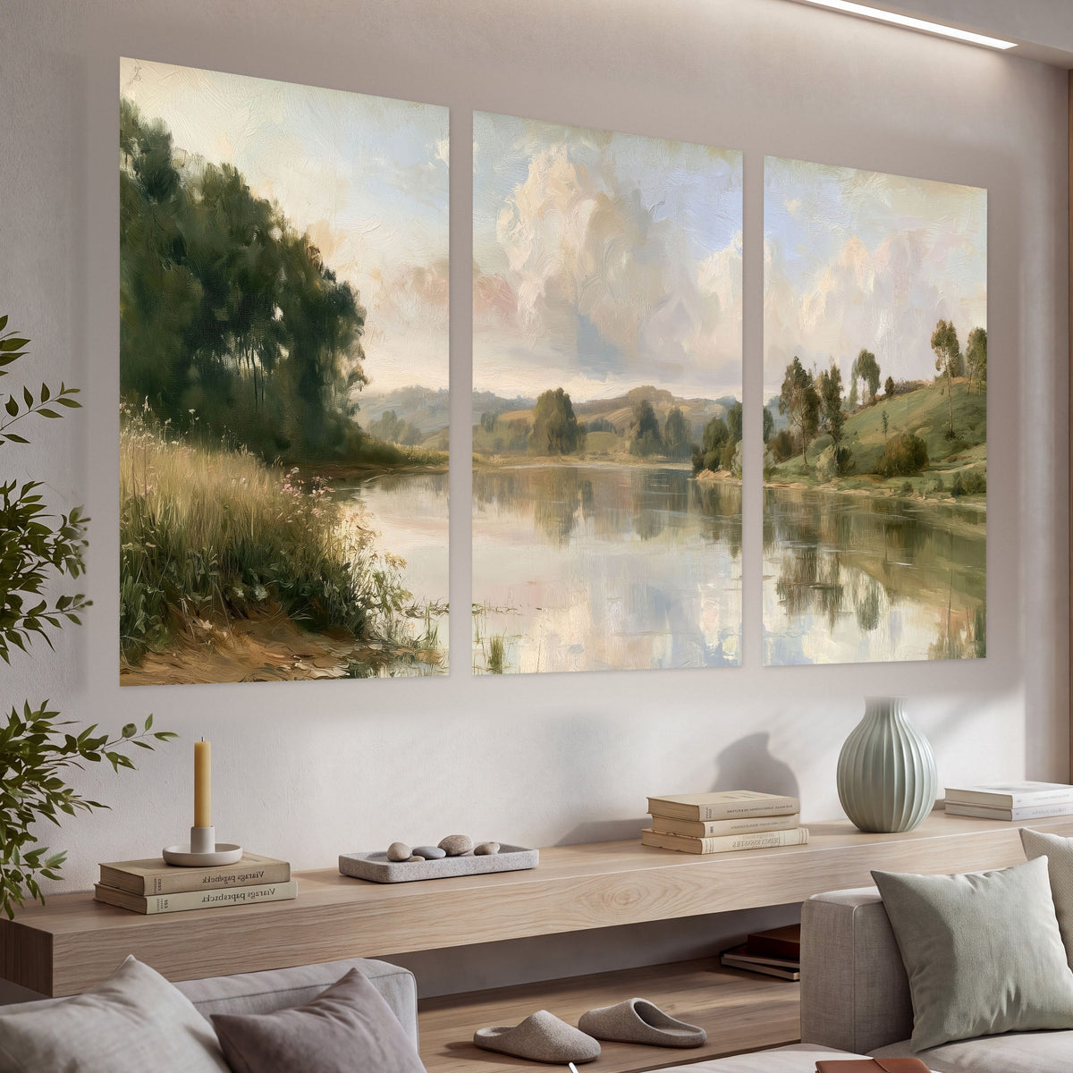 Summer river countryside painting set of 3 poster prints in a living room above a console
