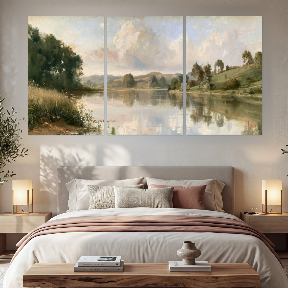 Summer river countryside painting set of 3 poster prints in a bedroom above the bed