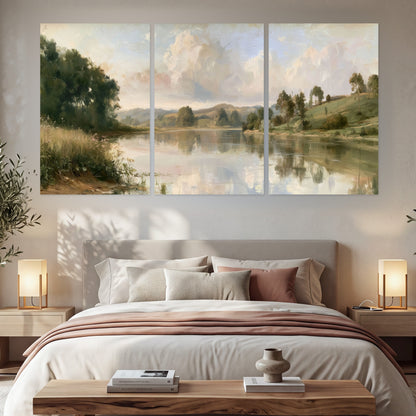 Summer river countryside painting set of 3 poster prints in a bedroom above the bed