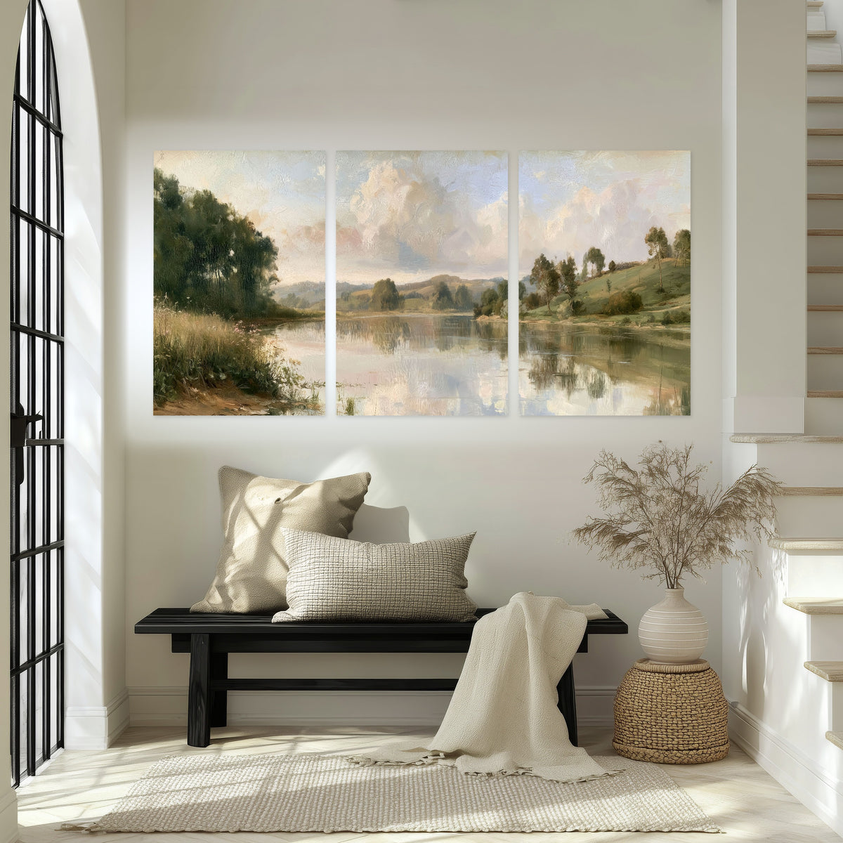 Summer river countryside painting set of 3 poster prints in an entryway above a bench